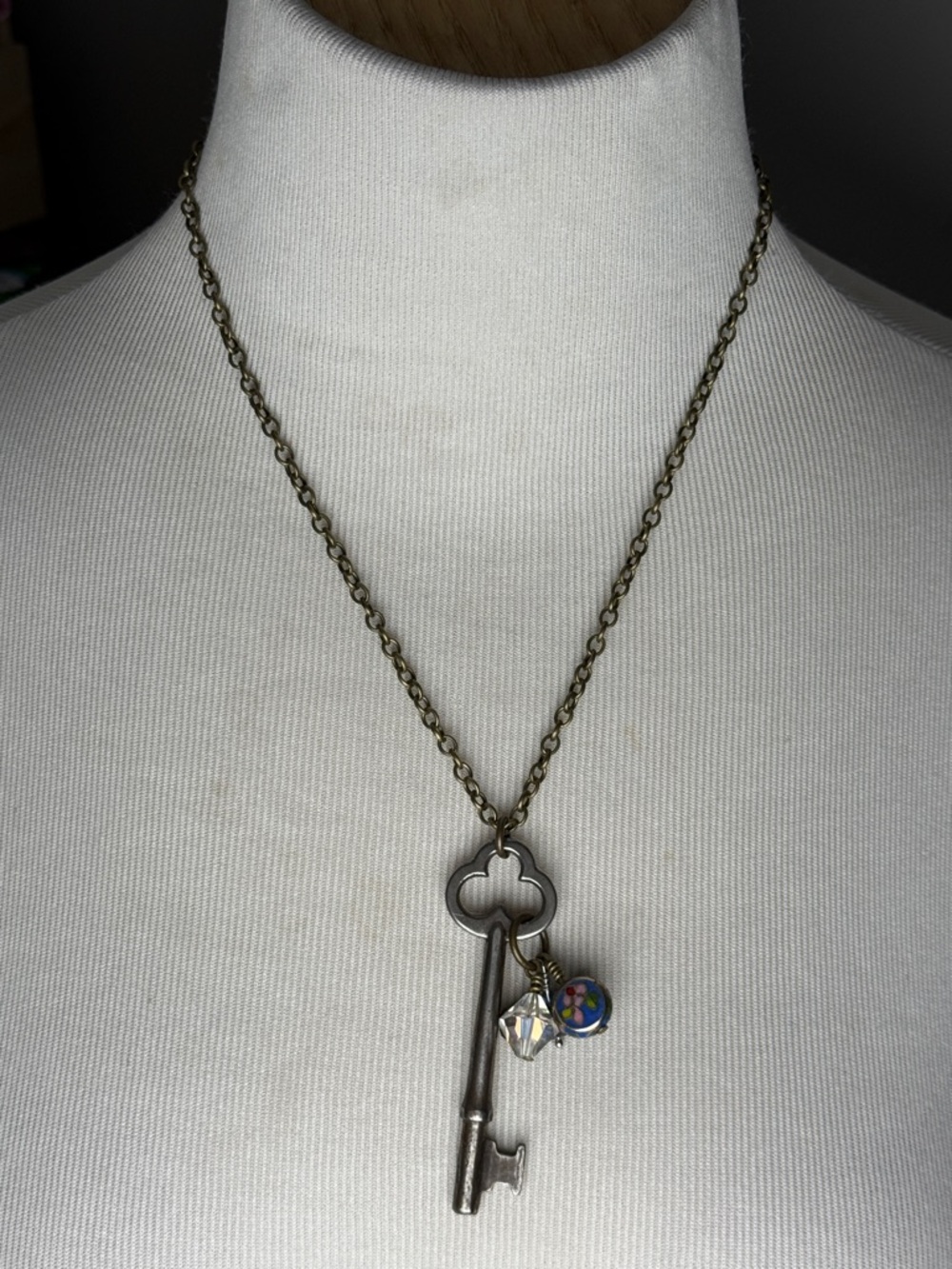 Antique-Style Key Pendant Necklace with Iridescent Charms